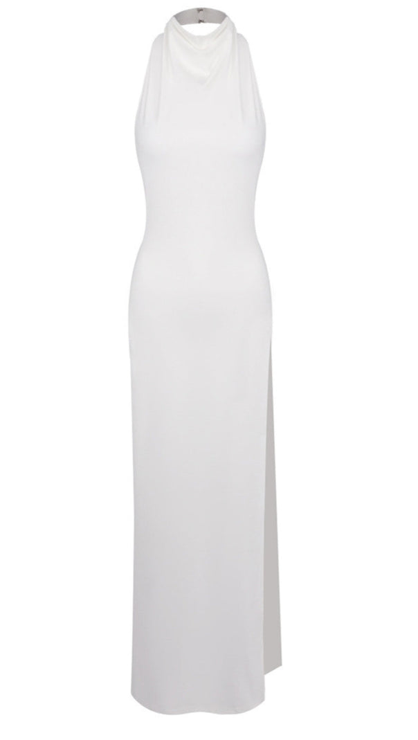 AIIZIE SEXY WHITE SATIN HALTER MAXI DRESS WITH HIGH SLIT AND OPEN BACK - product image