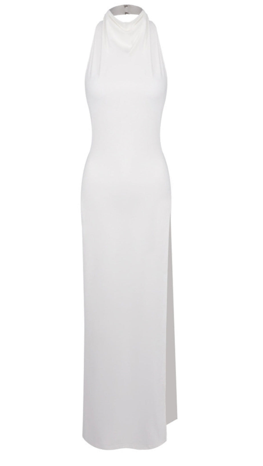 SEXY WHITE SATIN HALTER MAXI DRESS WITH HIGH SLIT AND OPEN BACK