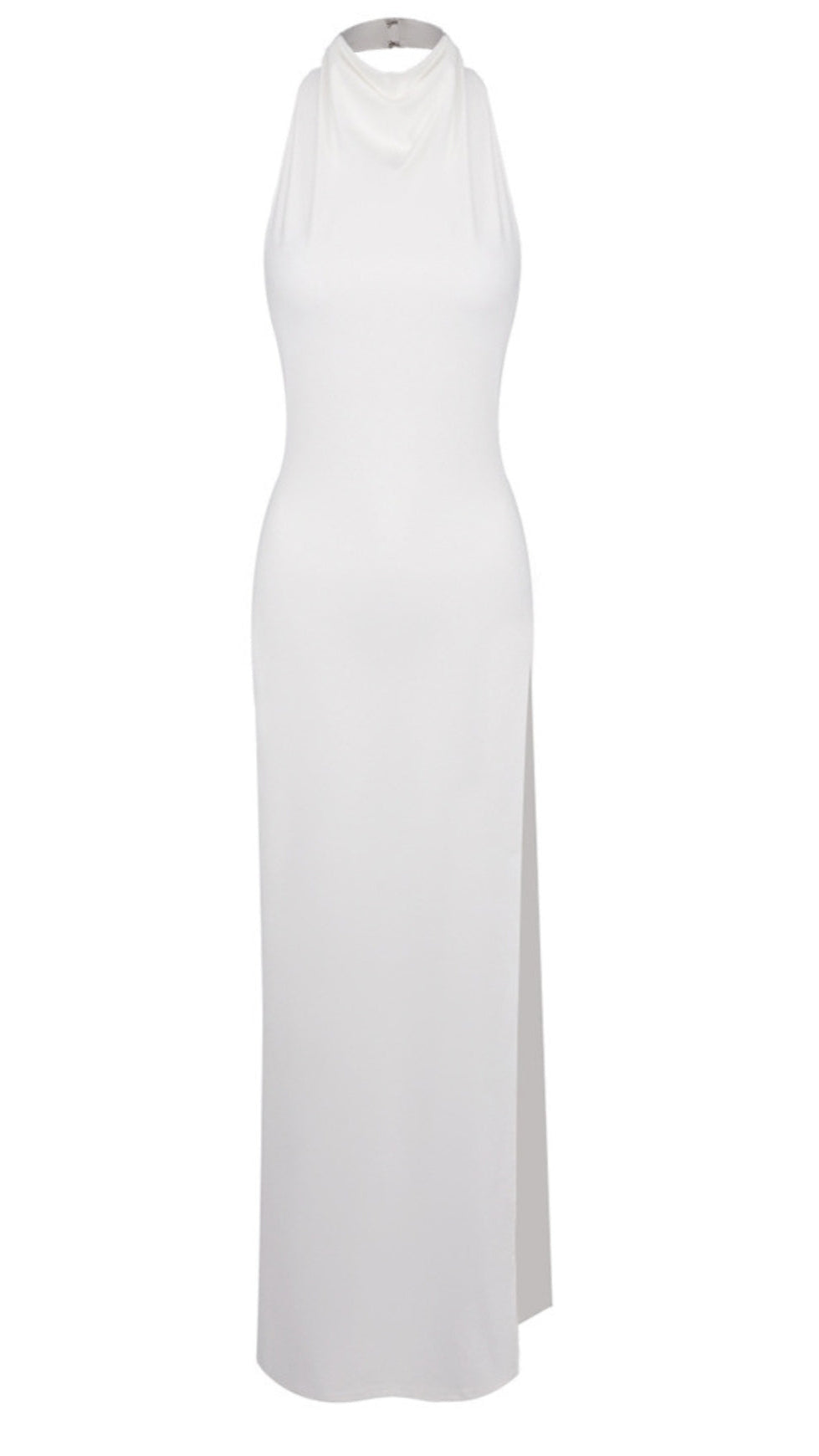 SEXY WHITE SATIN HALTER MAXI DRESS WITH HIGH SLIT AND OPEN BACK