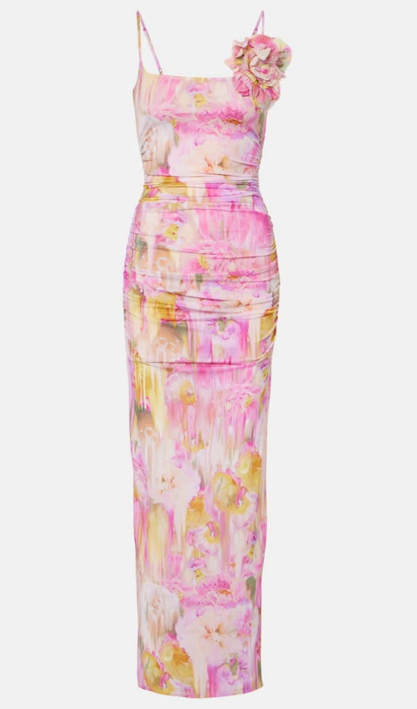 molly Floral Appliqué Print Maxi Dress in pink