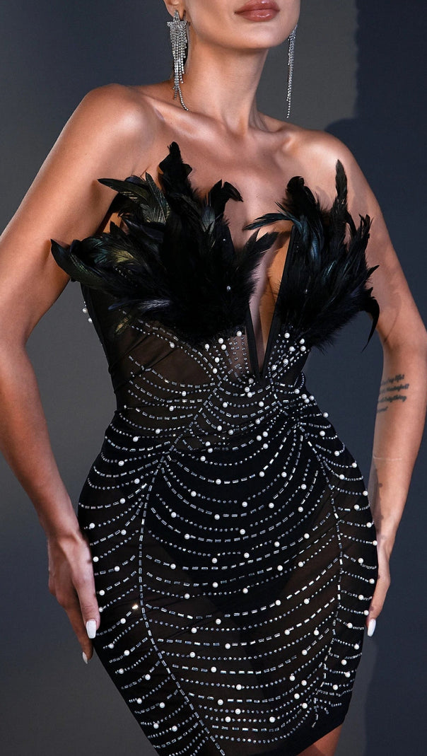 AIIZIE STRAPLESS FEATHER PEARL MINI DRESS IN BLACK - product image