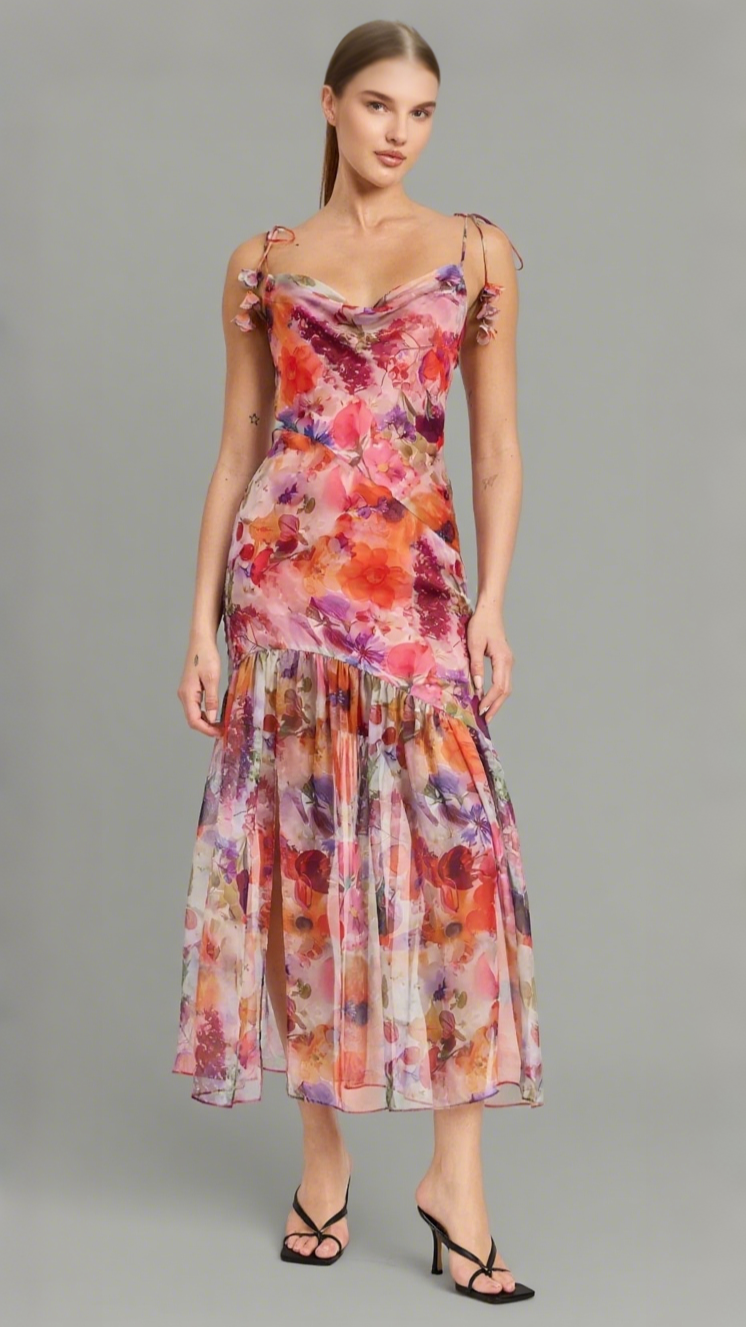 RED MULTI FLORAL TIE STRAP MIDI DRESS