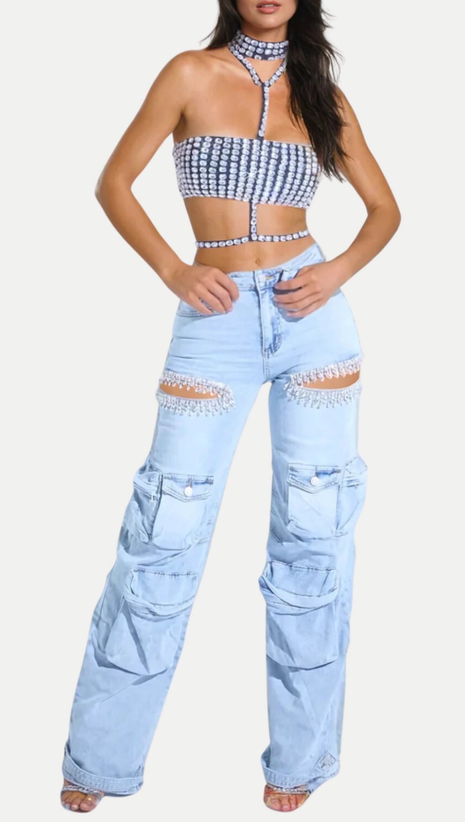 RHINESTONE CUTOUT CARGO JEANS IN BLUE