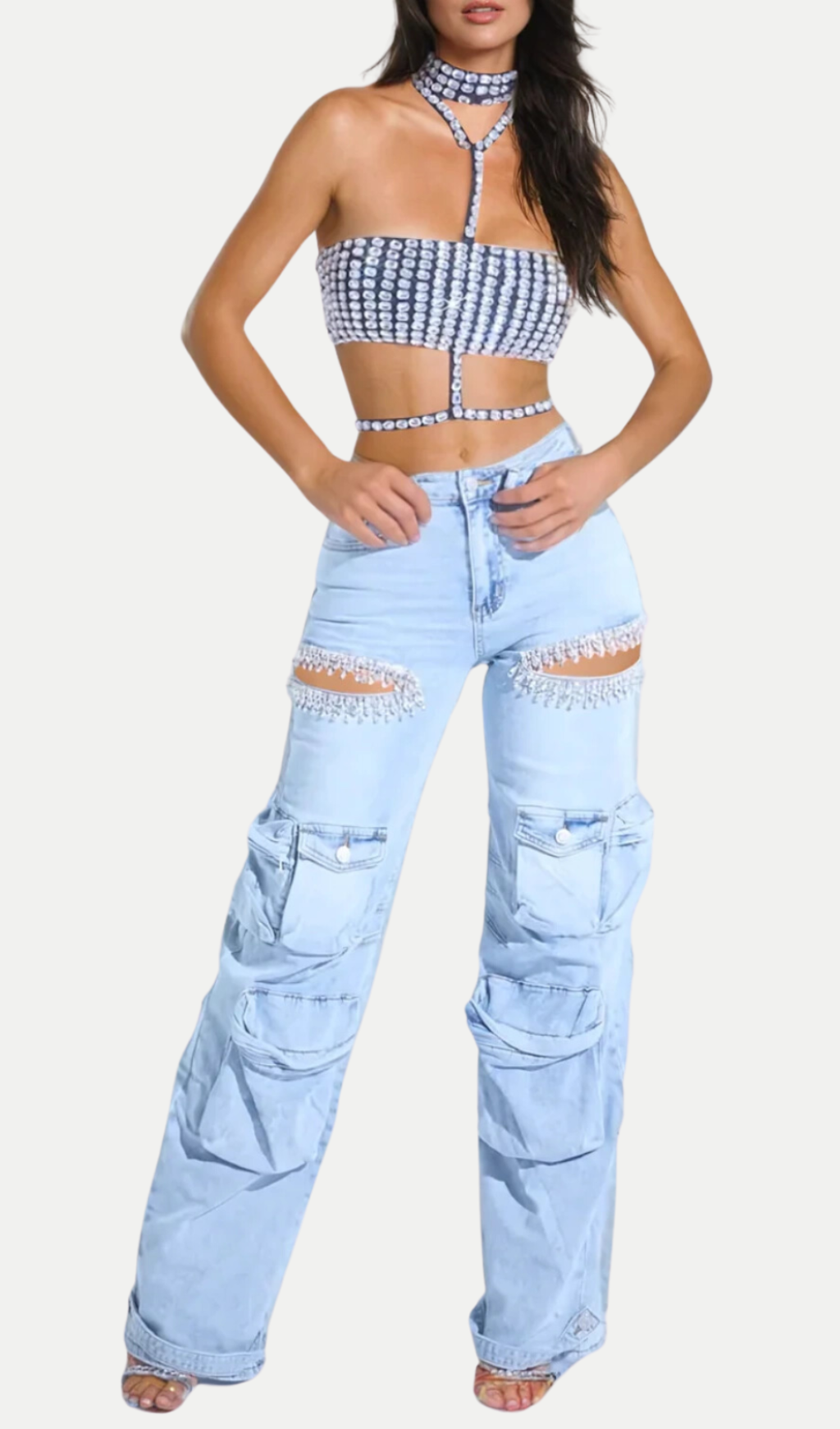 Cargo-Jeans mit Strass-Cutting in Blau