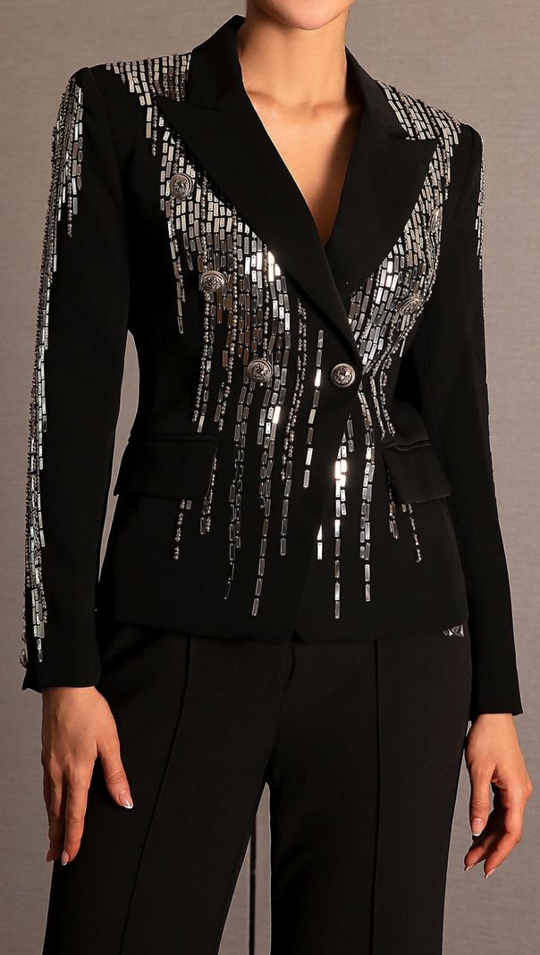 AIIZIE FAIDRA RHINESTONE DOUBLE BREASTED LAPEL BLAZER IN BLACK - product image