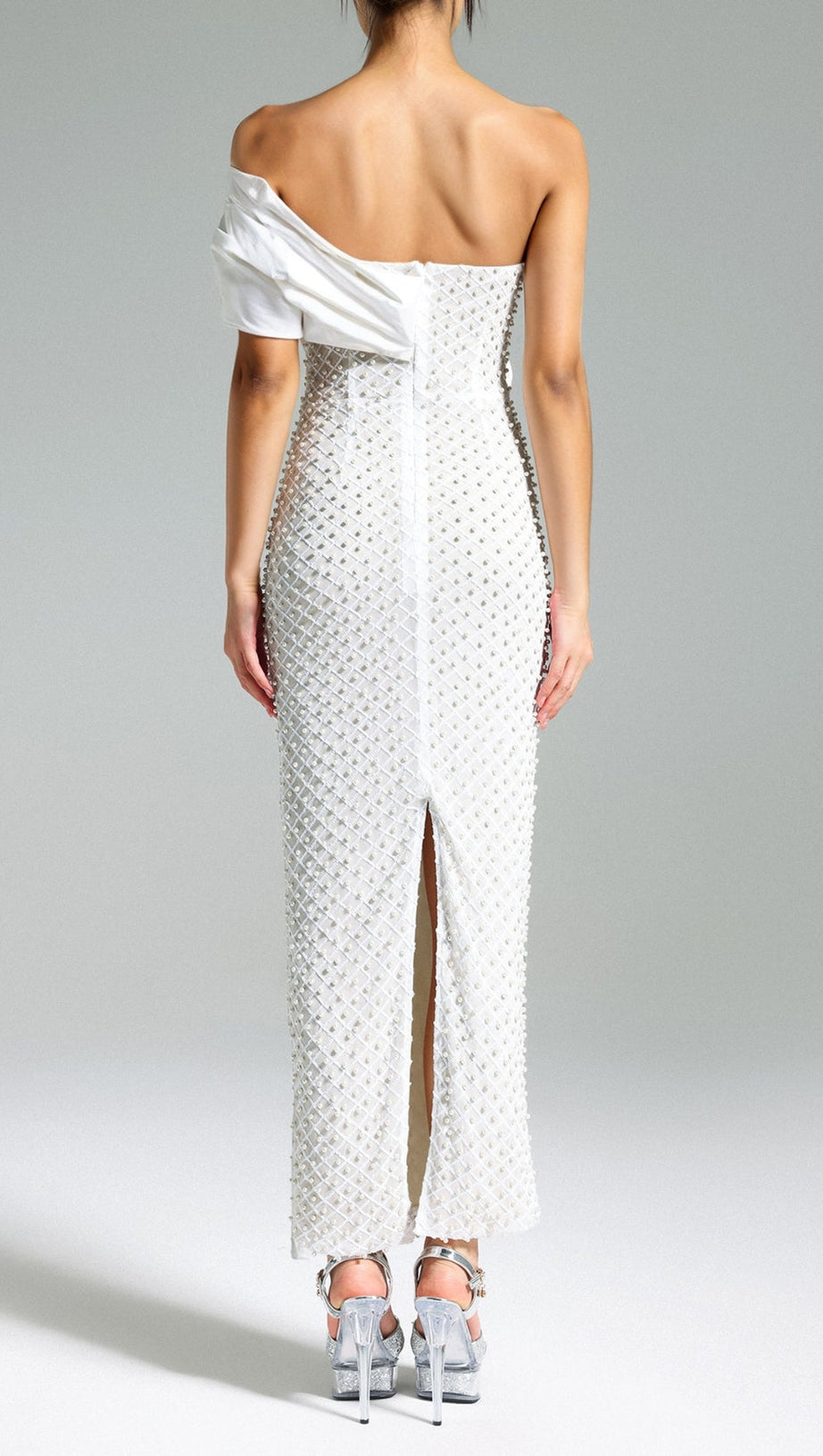 PEARL EMBELLISHED OFF-SHOULDER MIDI DRESS