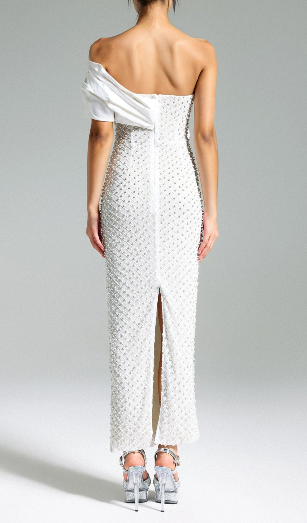 PEARL EMBELLISHED OFF-SHOULDER MIDI DRESS