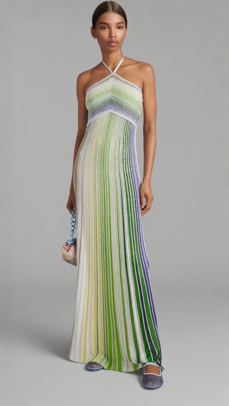 HALTER METALLIC GRADIENT KNIT MAXI DRESS - GREEN