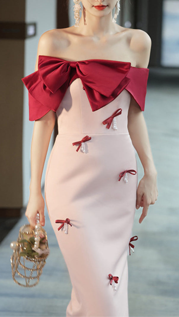 AIIZIE FAUX PEARL BOW MIDI DRESS IN PALE PINK - product image