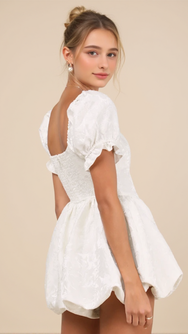 AIIZIE PRINCESS AESTHETIC IVORY FLORAL JACQUARD BUBBLE-HEM ROMPER - product image