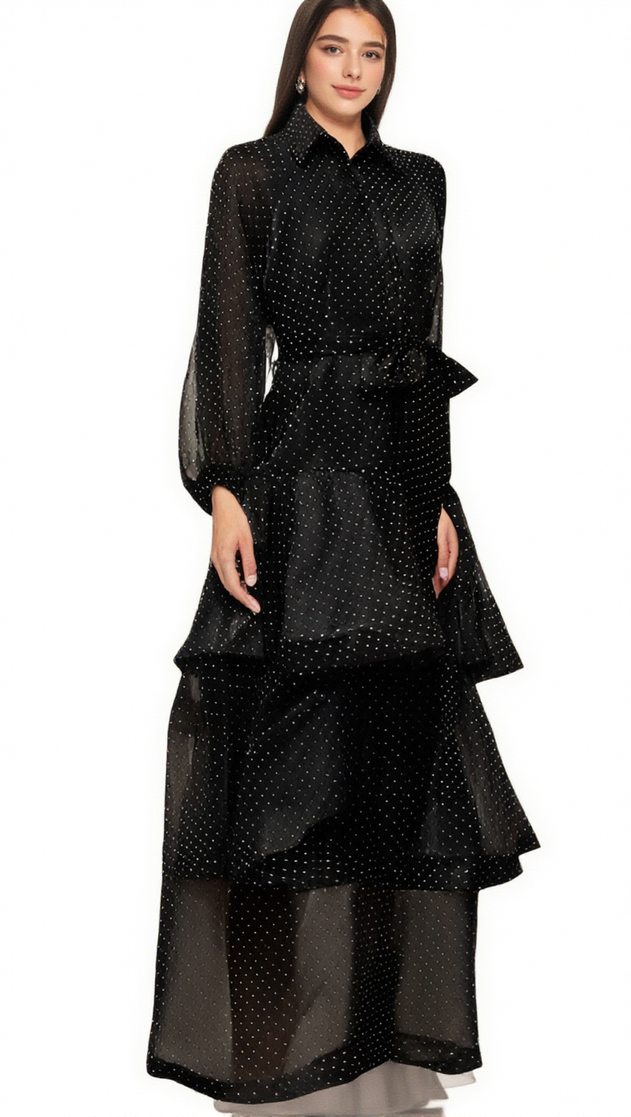CLÉMENCE BLACK POLKA-DOT TIERED MIDI DRESS