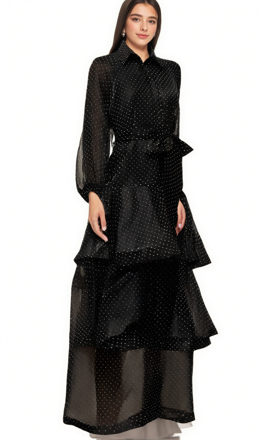 CLÉMENCE BLACK POLKA-DOT TIERED MIDI DRESS