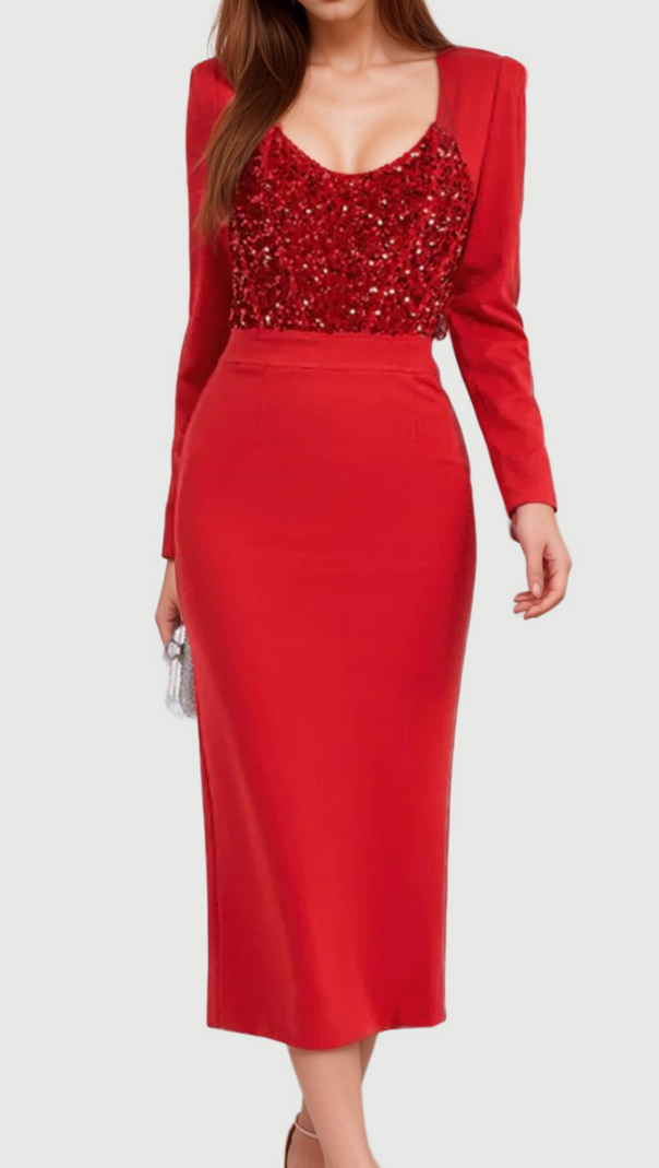 AIIZIE MELISSA LONG SLEEVE PATCHWORK SEQUIN MIDI DRESS IN RED - product image