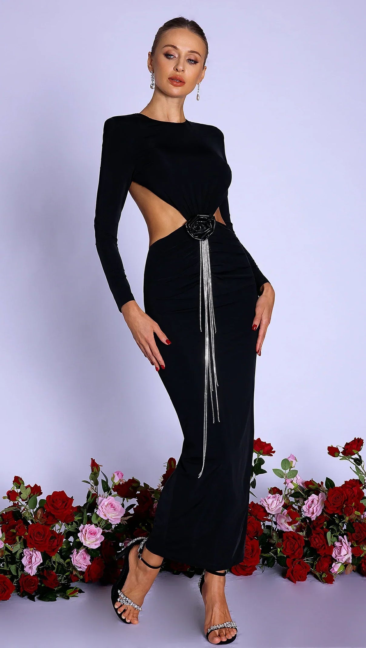 AIIZIE KAELYN 3D FLORAL FRINGE CUTOUT MAXI DRESS - product image