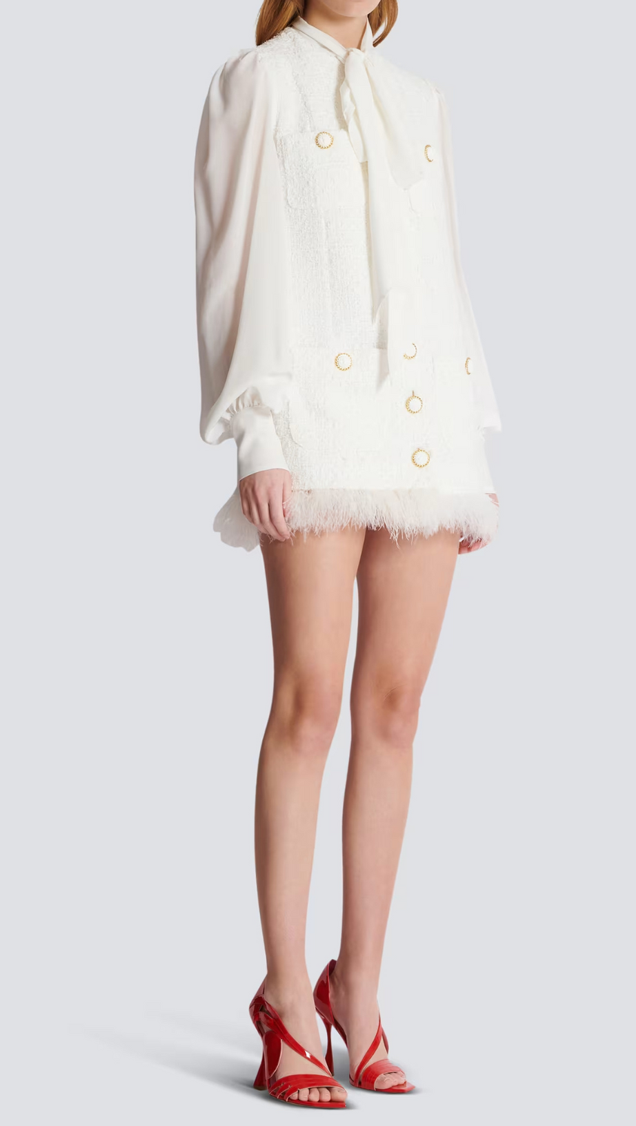 TWEED MINI DRESS WITH PUSSY-BOW COLLAR IN WHITE