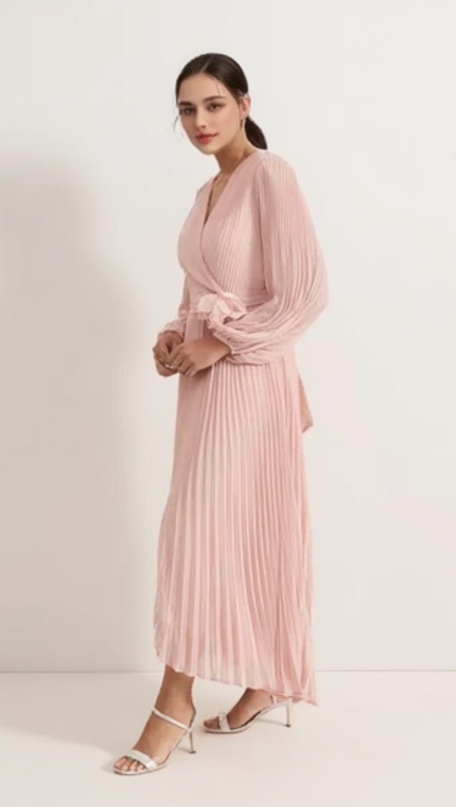 LANTERN SLEEVE PLEATED MAXI DRESS IN PALE PINK