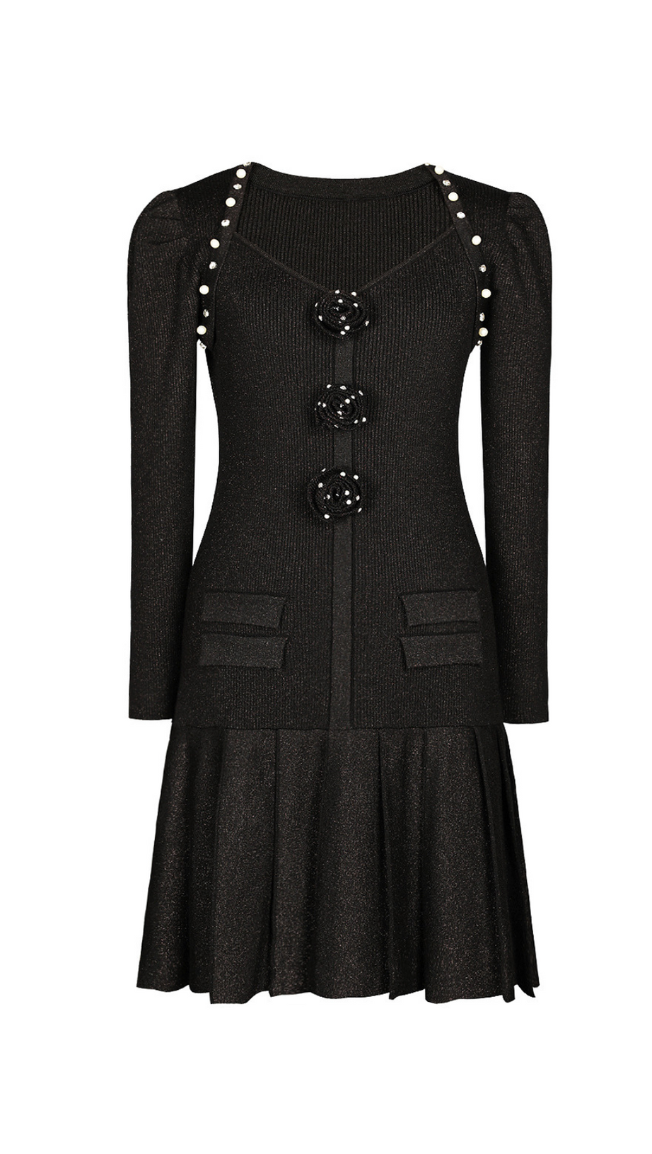 FLOWER KNIT MINI DRESS IN BLACK