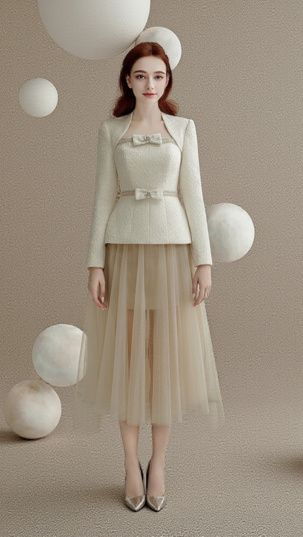 AIIZIE TWEED JACKET TULLE SKIRT SUIT IN APRICOT - product image