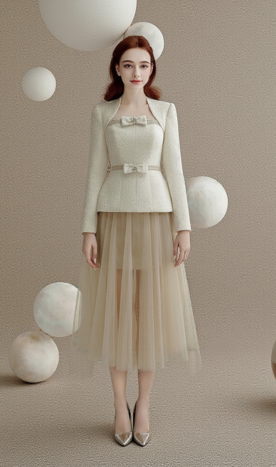 tailleur con giacca in tweed e gonna in tulle color albicocca