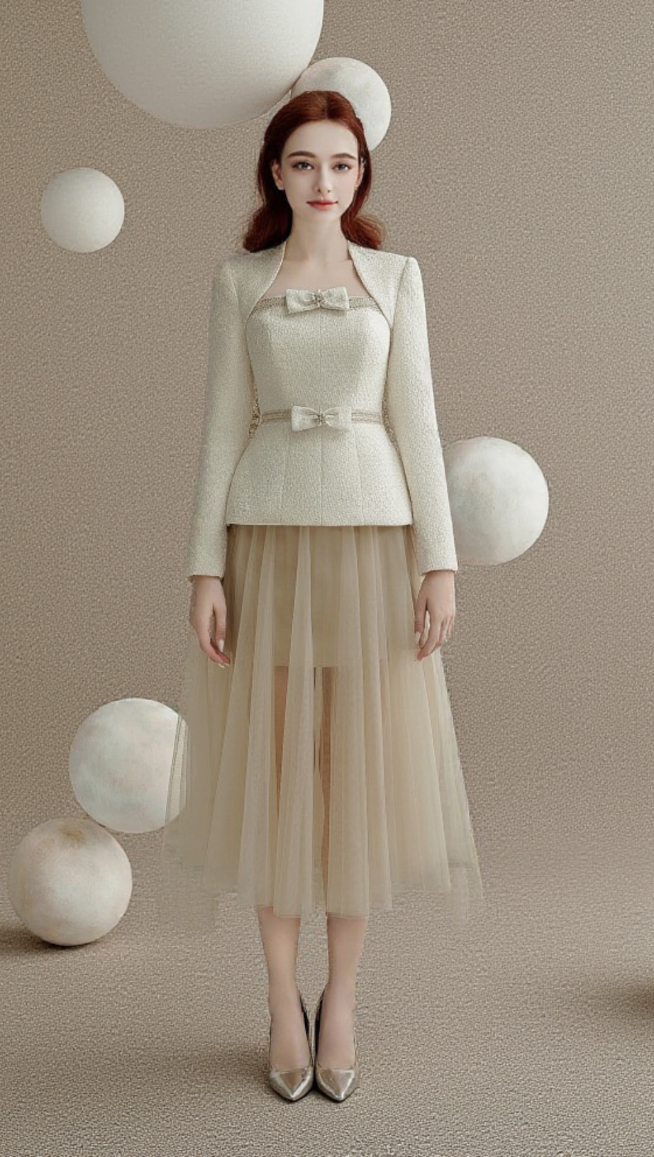 tailleur con giacca in tweed e gonna in tulle color albicocca
