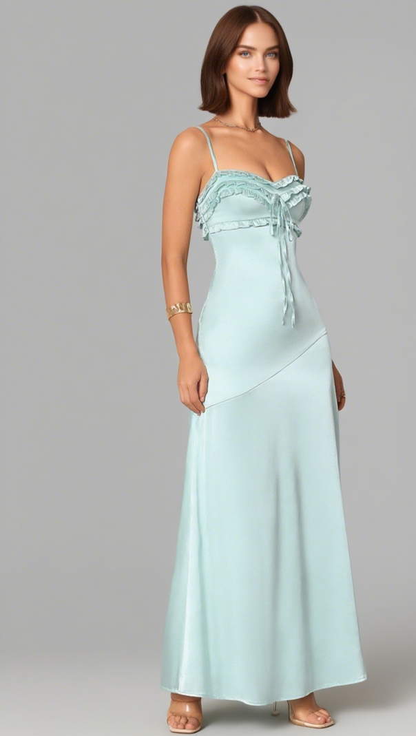 AIIZIE SIMONA RUFFLE TRIM SILK MAXI DRESS IN MINT - product image