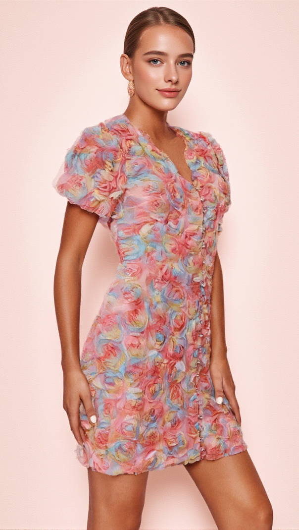 AIIZIE FAWN FLOWER EMBROIDERY BUTTON MINI DRESS IN PINK - product image
