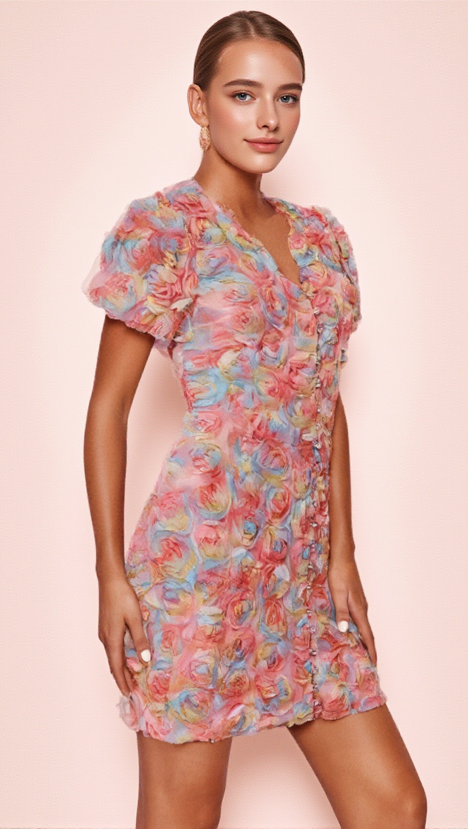 MINI ABITO ROSA CON RICAMO DI FIORI E BOTTONI