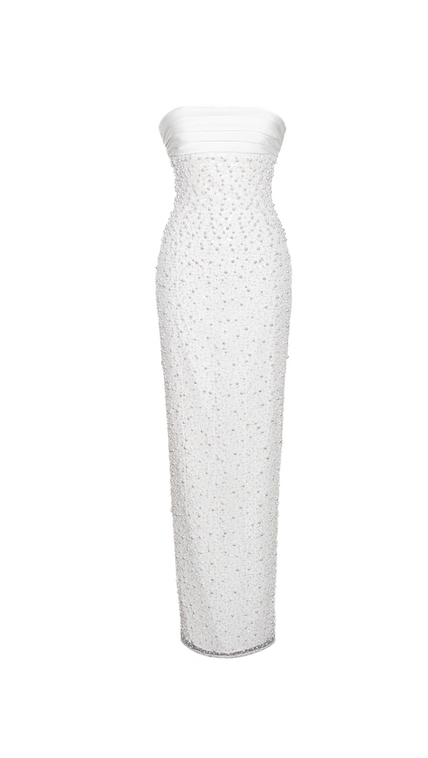 AIIZIE WHITE SATIN SEQUIN PEARLS BEADED MAXI DRESS - product image