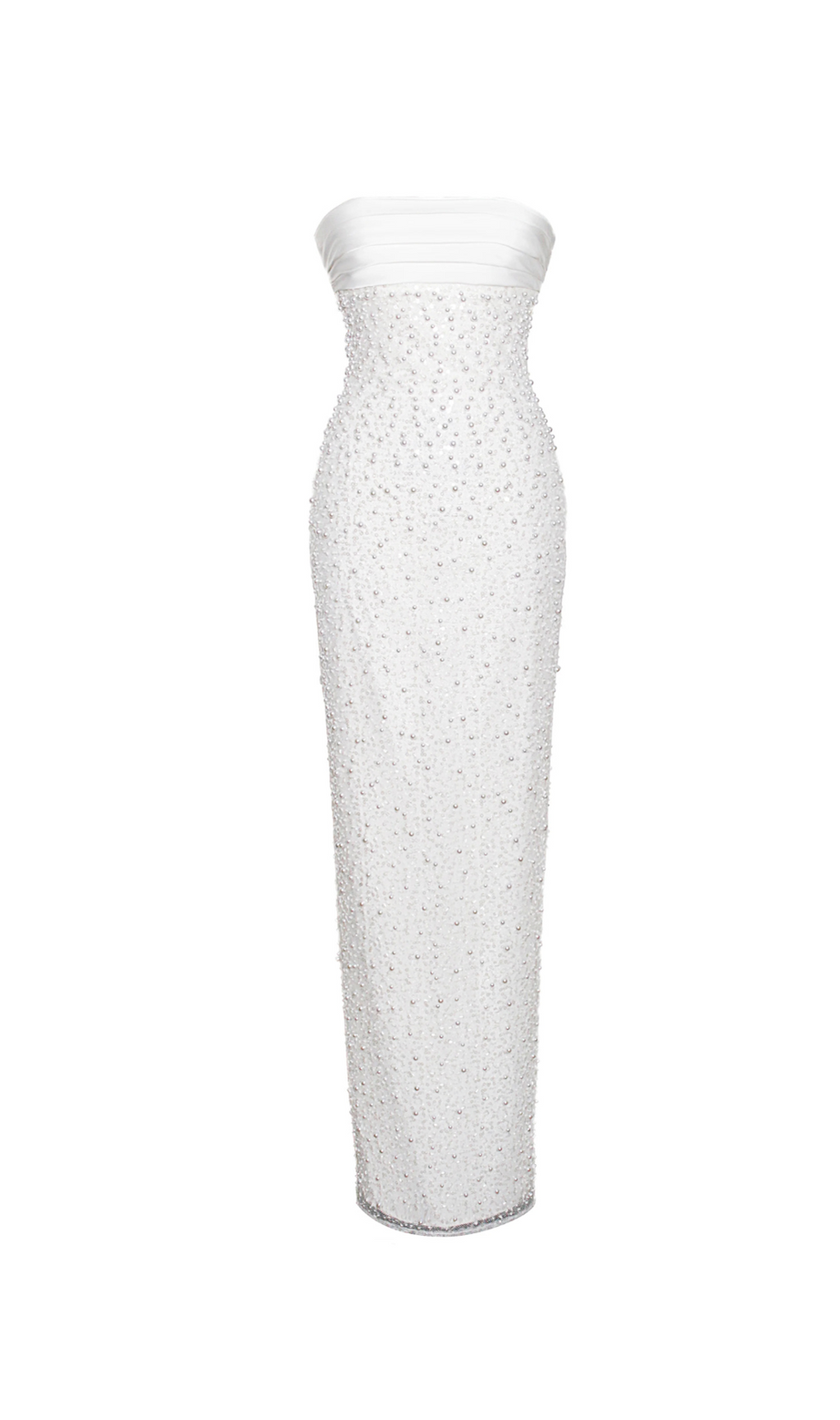 WHITE SATIN SEQUIN PEARLS BEADED MAXI DRESS