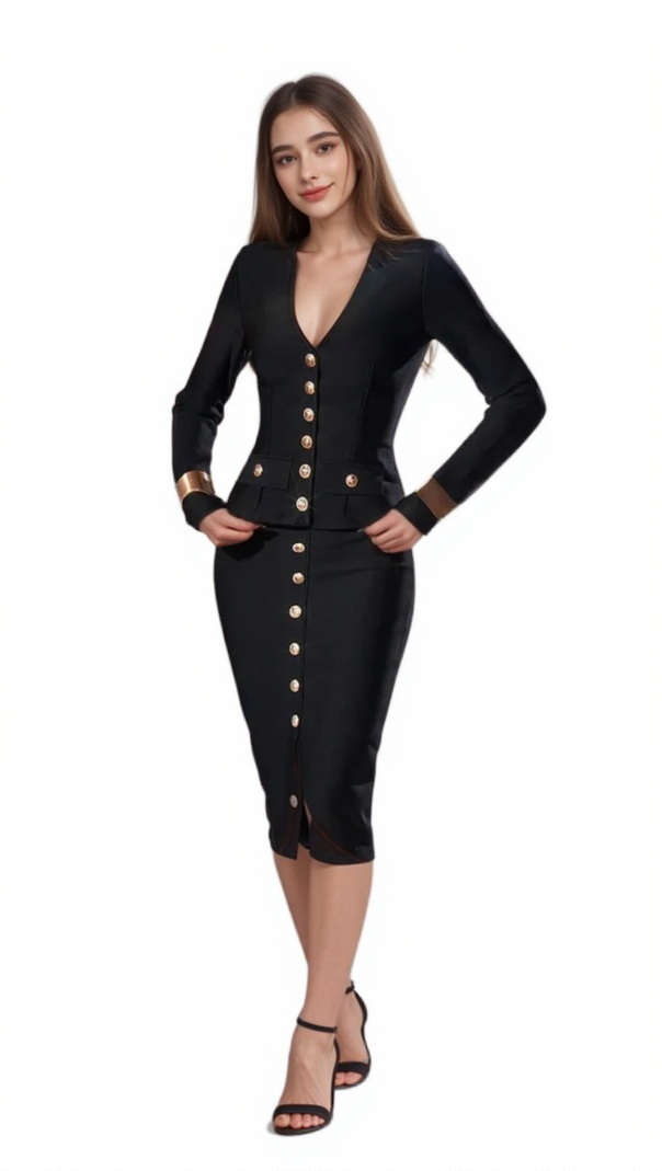 AIIZIE BONNIE LONG SLEEVE SINGLE BREASTED BANDAGE SET IN BLACK - product image