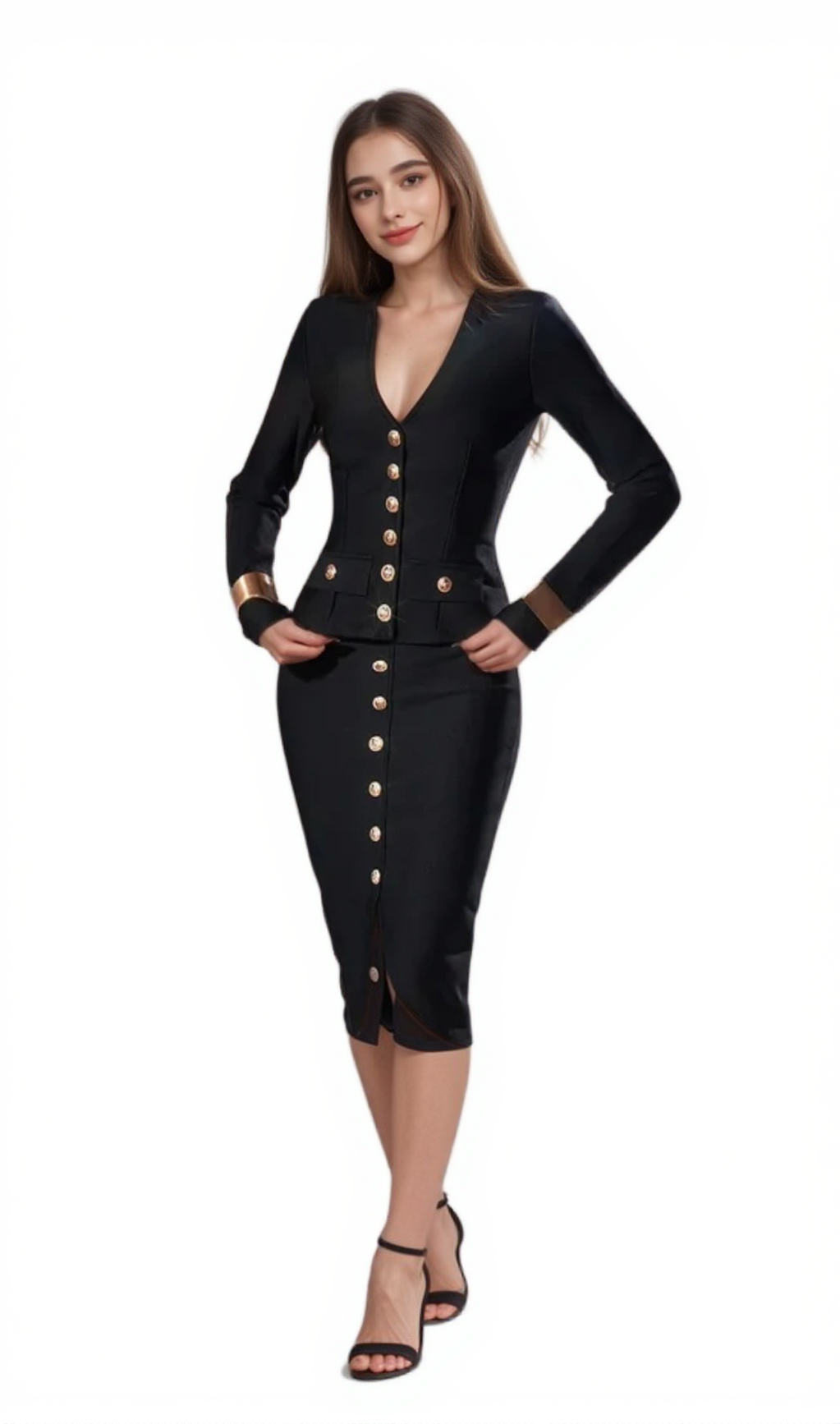 BONNIE LONG SLEEVE SINGLE BREASTED BANDAGE SET IN BLACK