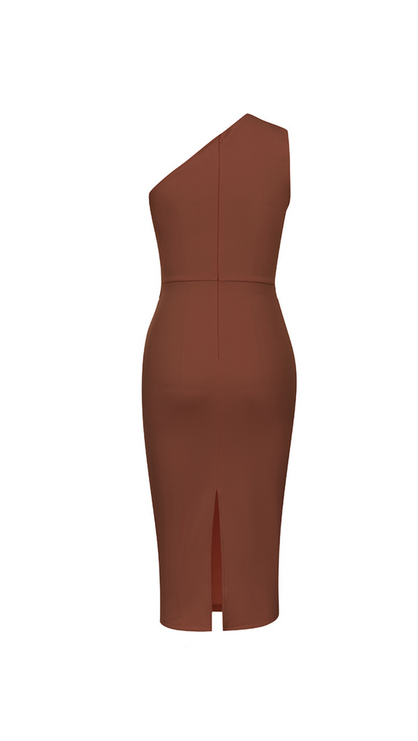 AIIZIE ONE SHOULDER SLIT MIDI DRESS IN BROWN - product image