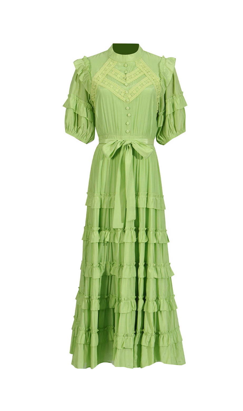 Abito midi verde con volant in pizzo