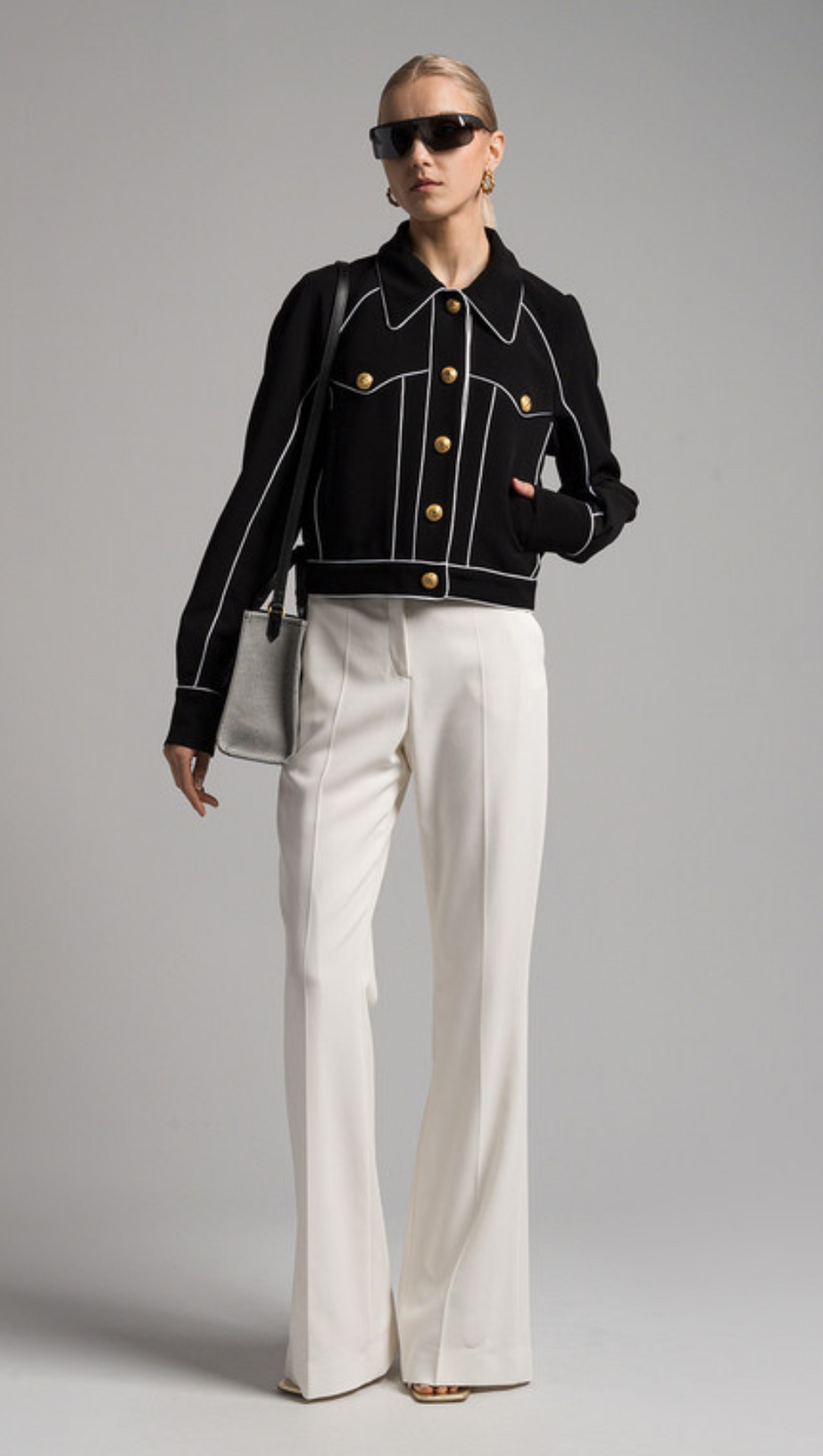 SEVEN-BUTTON BLACK PIPED-TRIM JACKET