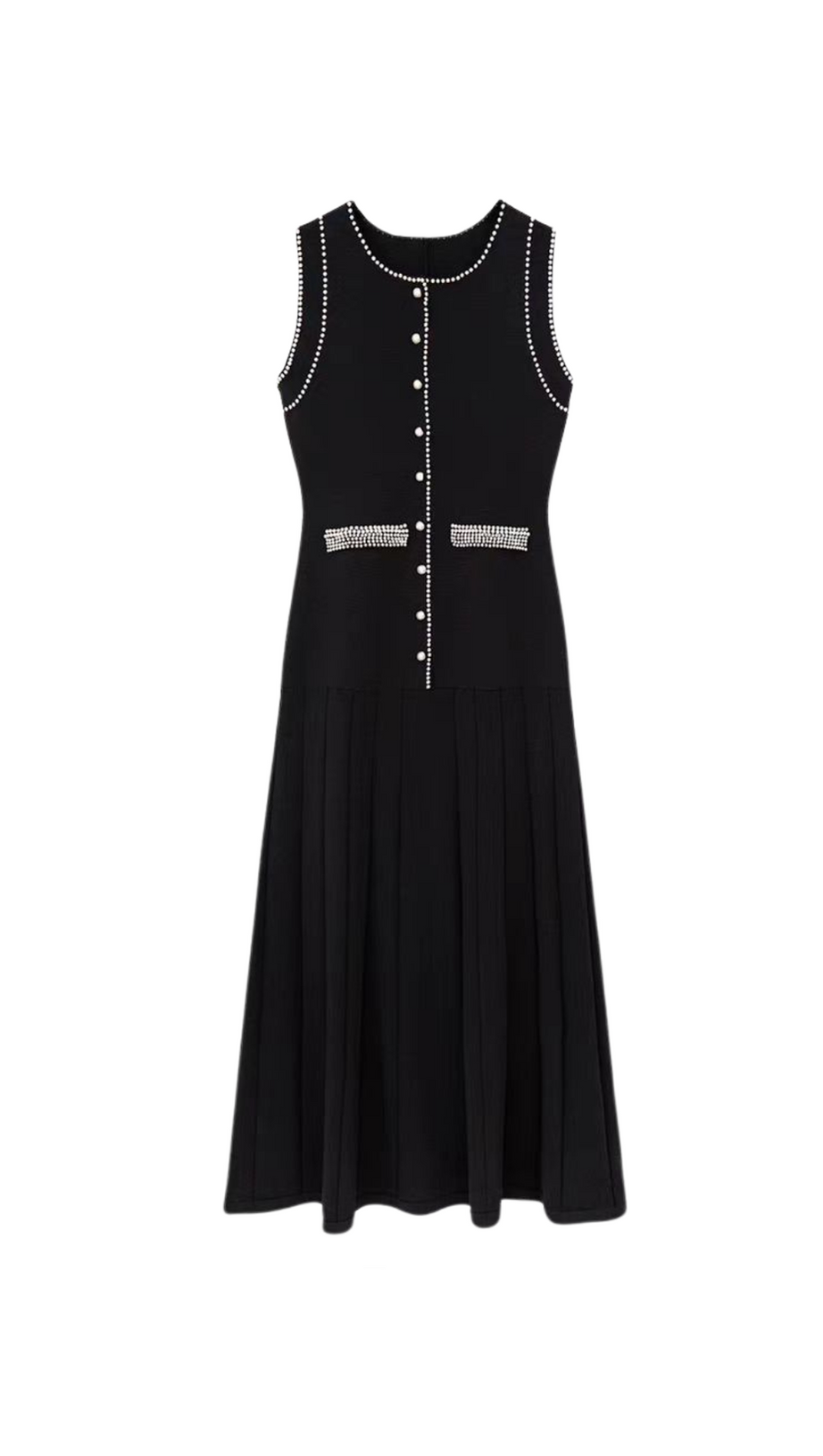 SALOME BEADED TRIM SLEEVELESS KNIT BLACK MIDI DRESS