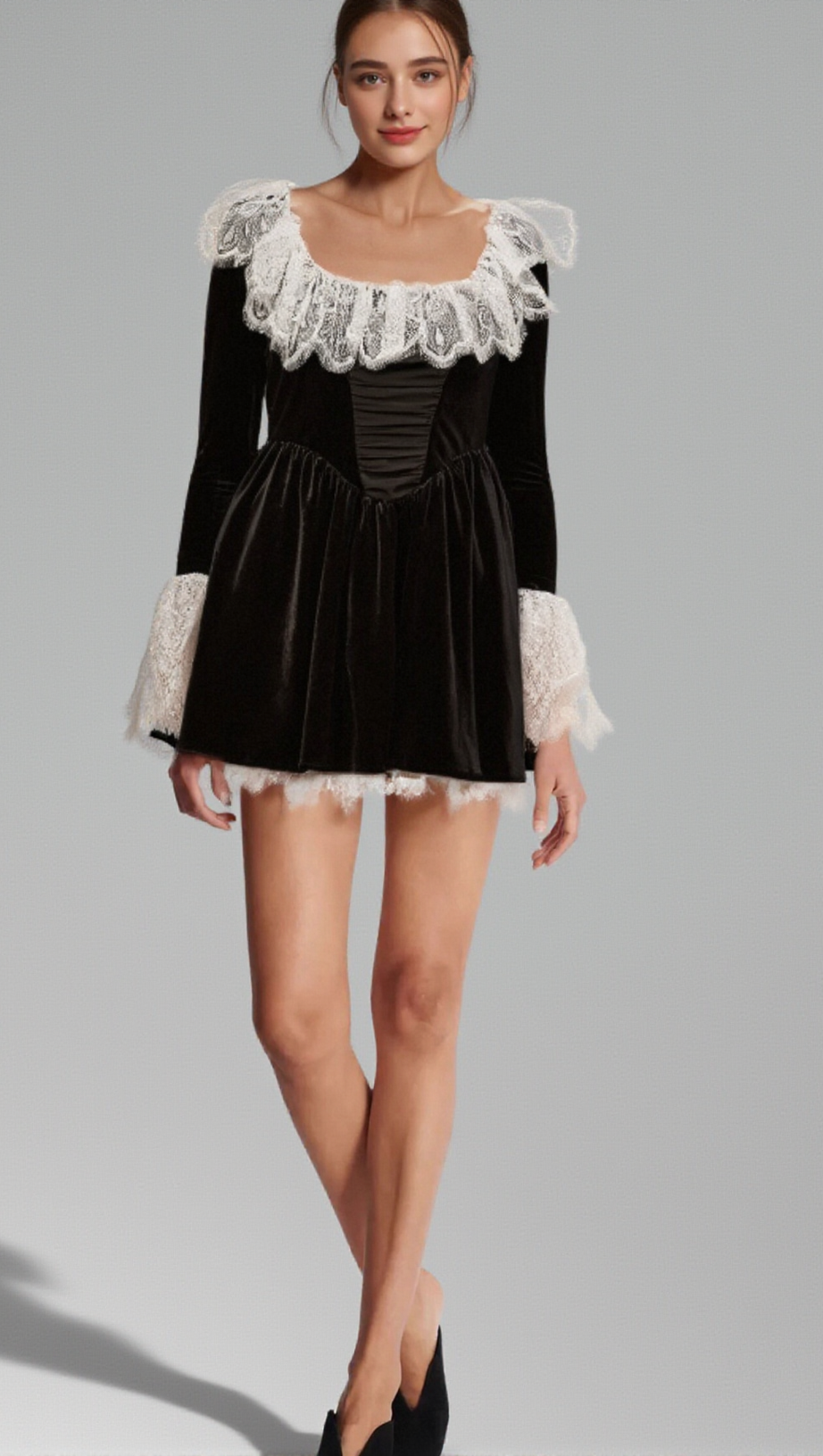 FABIANA BLACK LACE-TRIMMED VELVET MINI DRESS