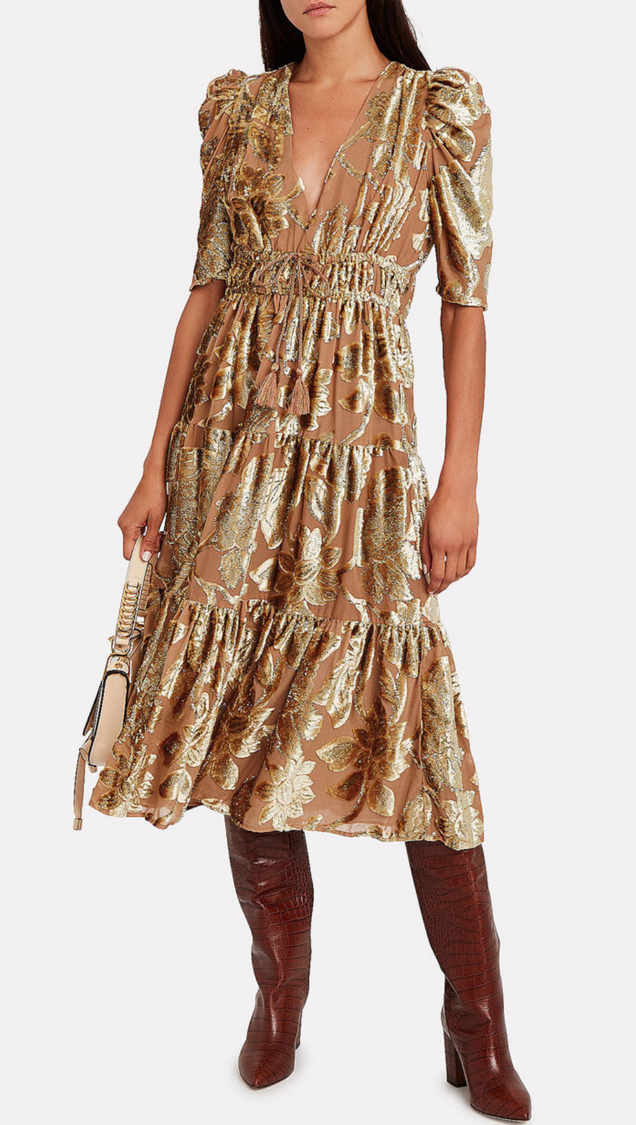 LORETTA METALLIC DEVORÉ GOLD MIDI DRESS
