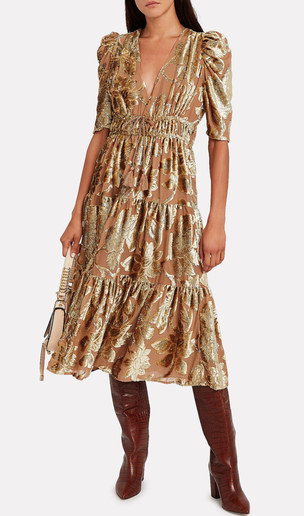 LORETTA METALLIC DEVORÉ GOLD MIDI DRESS