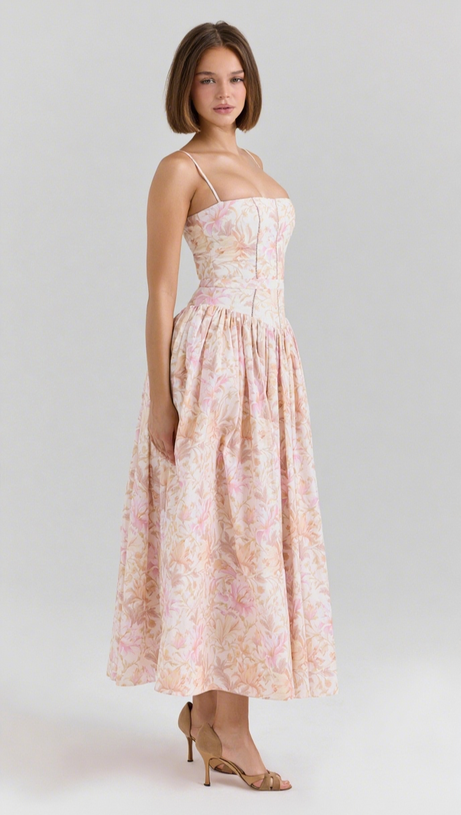 PEACH FLORAL STRETCH COTTON MIDI DRESS