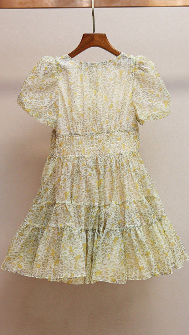 AIIZIE PRINTED V-NECK TUTU MINI DRESS IN DAISY YELLOW - product image