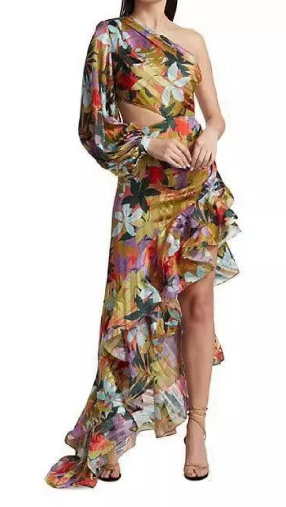 ONE SHOULDER RUFFLR TRIM PRINTED MAXI DRESS