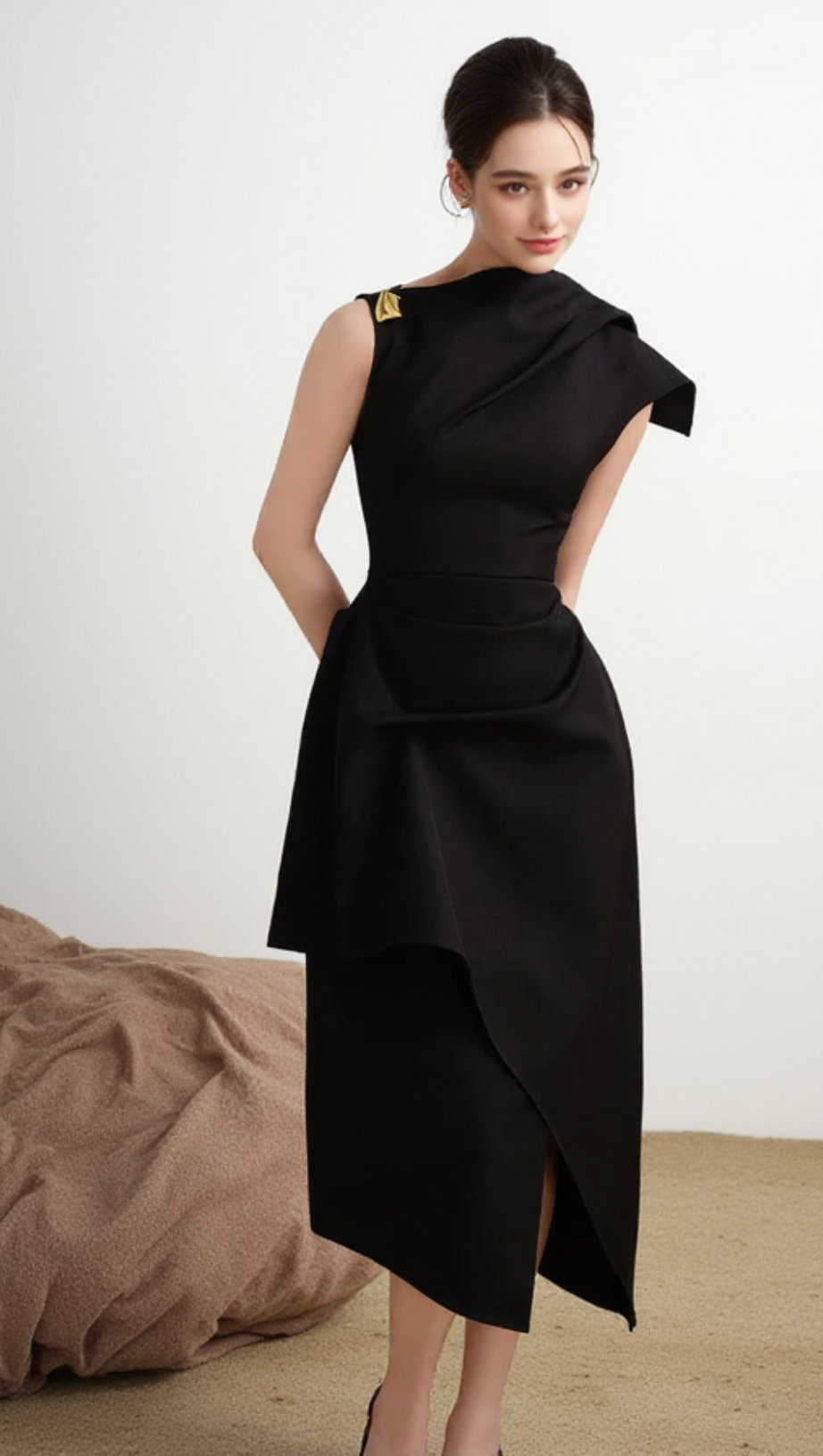 CALLA BLACK ASYMMETRIC FRONT SLIT TWILL MIDI DRESS
