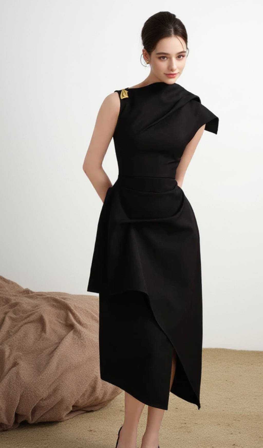 CALLA BLACK ASYMMETRIC FRONT SLIT TWILL MIDI DRESS