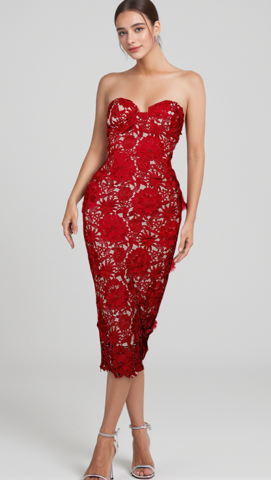 FLORAL EMBROIDERED MIDI DRESS IN RED
