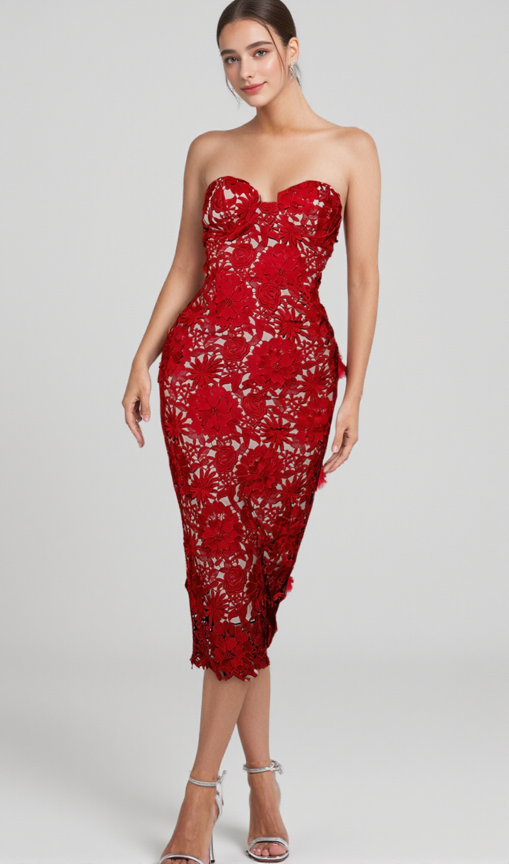 FLORAL EMBROIDERED MIDI DRESS IN RED