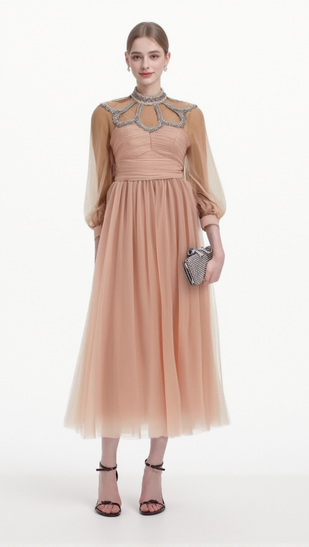 AIIZIE CALIXTE PINK EMBELLISHED TULLE MIDI DRESS - product image