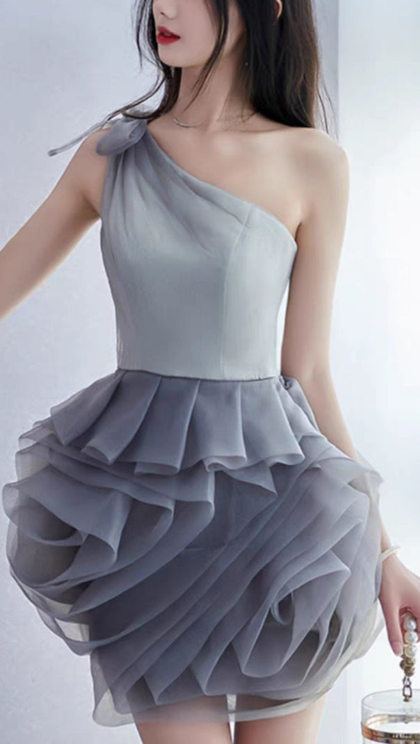 ONE SHOULDER MESH MINI DRESS IN GREY