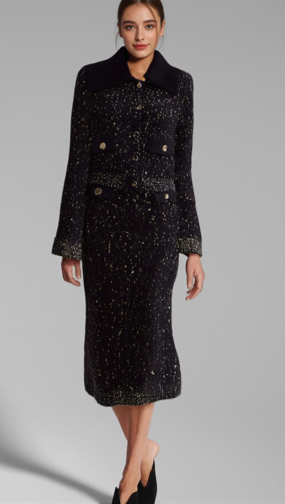 CLAUDINE NAVY CROCHET-KNIT JACKET & SKIRT MATCHING SET