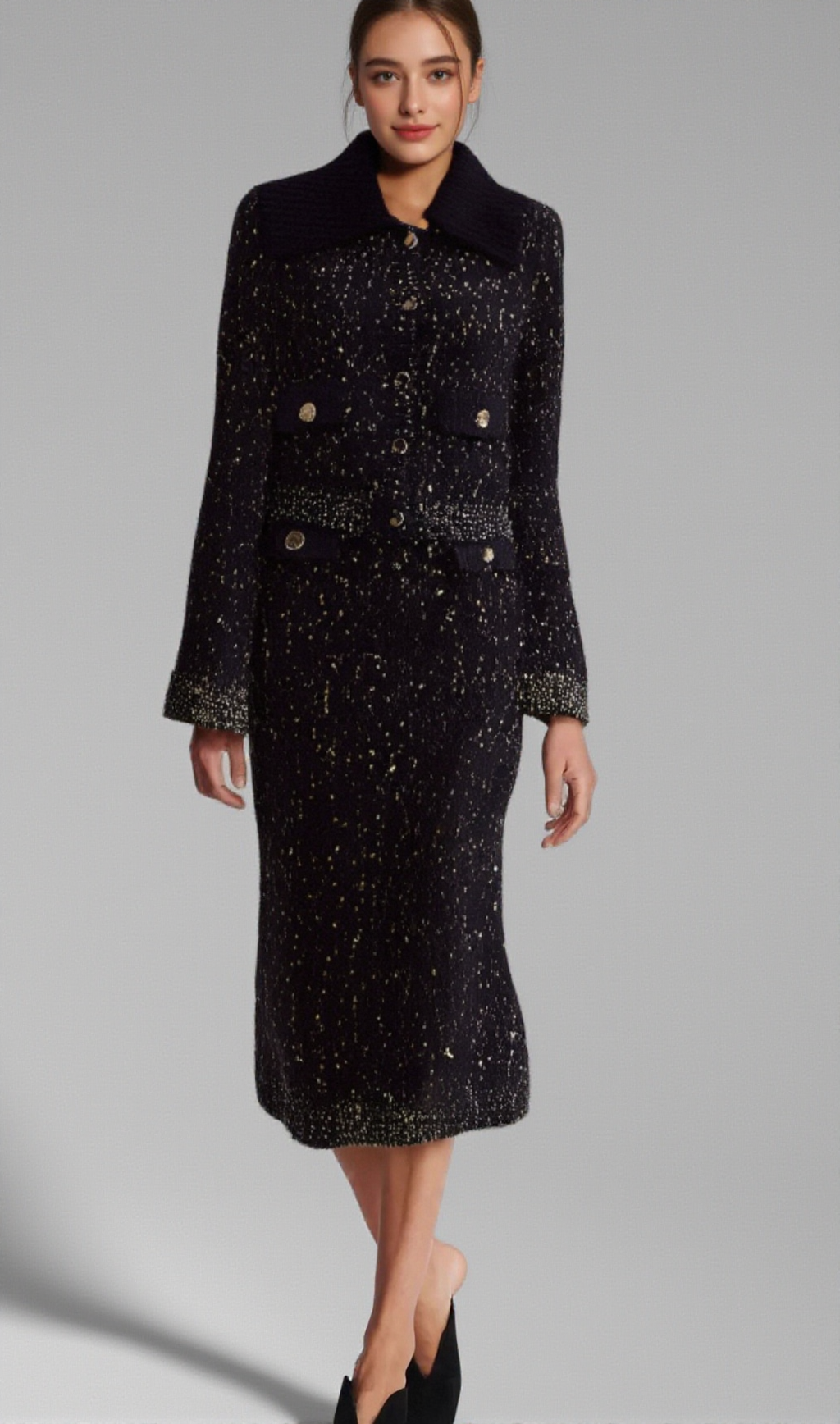 CLAUDINE NAVY CROCHET-KNIT JACKET & SKIRT MATCHING SET