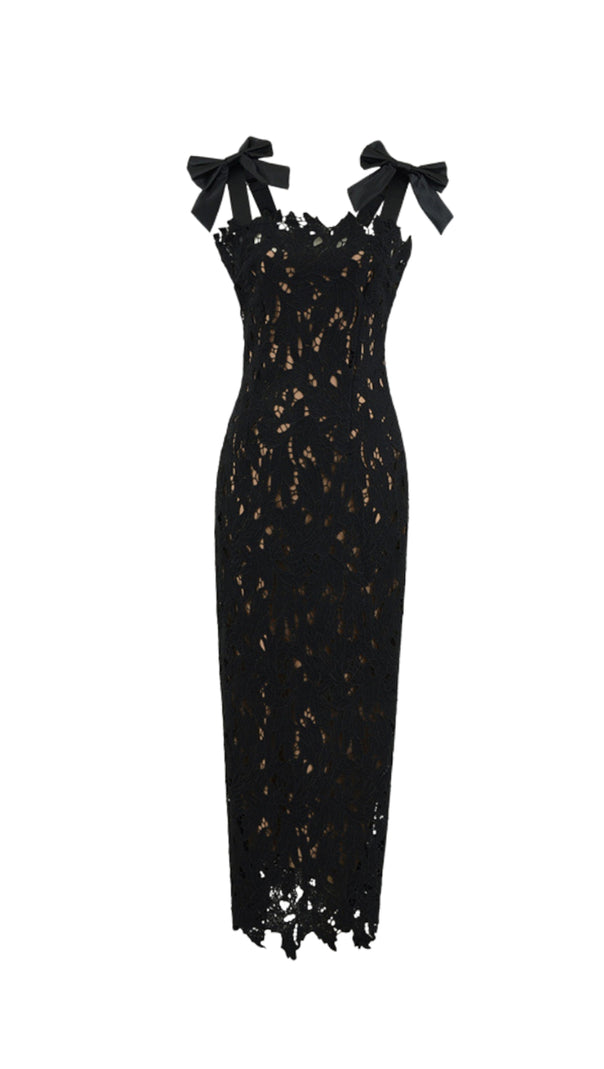 AIIZIE HERMOSA BOW STRAP EMBROIDERED LACE MAXI DRESS IN BLACK - product image